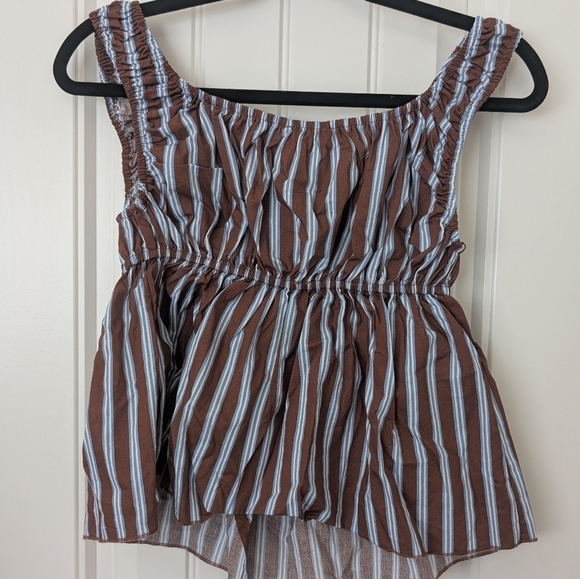 NWOT Brown & Blue Striped Tie Front Babydoll Blouse S - Picture 6 of 8